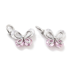 Brass Micro Pave Cubic Zirconia Pendants, Butterfly, with Jump Ring, Platinum, Pink, 12x11x4mm, Hole: 3.5mm(KK-P271-03P-D)