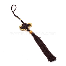 Chinese Knots Polyester Tassel Pendant Decorations, with Plastic Bead, Coconut Brown, 270~590x52~57.5x11.5mm(HJEW-WH0011-80G)