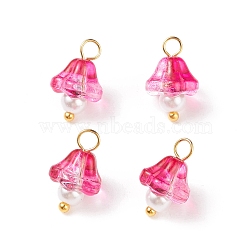 Electroplate Glass Charms, with Golden Plated Brass Findings and Glass Pearl Round Beads, Trumpet Flower, Crimson, 14x9x9mm, Hole: 2.5mm(PALLOY-JF01737-01)