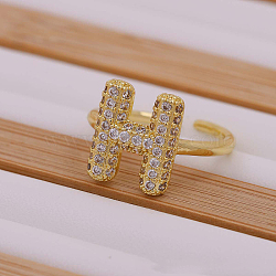 Brass Micro Pave Clear Cubic Zirconia Initial Cuff Rings, Golden, Letter H, Inner Diameter: Adjustable(FS-WGB210B-09)