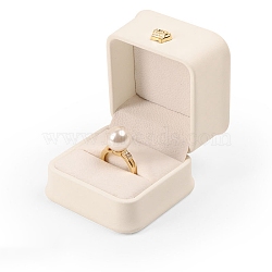 Crown Square PU Leather Ring Jewelry Box, Finger Ring Storage Gift Case, with Velvet Inside, for Wedding, Engagement, Antique White, 5.8x5.8x4.8cm(PAAG-PW0002-05A)