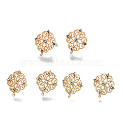 Brass Stud Earring Findings, Cubic Zirconia and Loop, Real Gold Plated, Flower, Nickel Free, Mixed Color, 13x12mm, Hole: 0.8mm, Pin: 0.8mm(KK-T038-491-M)