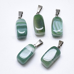 Natural Banded Agate/Striped Agate Pendants, Dyed, with Stainless Steel Snap On Bails, Cuboid, Stainless Steel Color, Green, 20~23x9~13x9~13mm, Hole: 3~4x7~8.5mm(G-T122-20D)