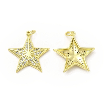 Brass Micro Pave Cubic Zirconia Pendants, with Jump Ring, Star Charm, Golden, 24.5x23x3.3mm, Hole: 2.5mm