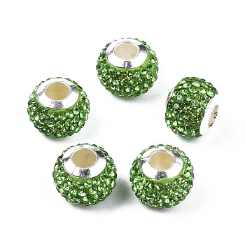 Handmade Polymer Clay Rhinestone European Beads, with Silver Tone CCB Plastic Double Cores, Large Hole Beads, Rondelle, Peridot, 12.5~13x10mm, Hole: 4.5mm
