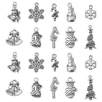 50Pcs 10 Style Tibetan Style Alloy Pendants, Mixed Shapes, for Christmas, Antique Silver, 15~30x8~16x1~5mm, Hole: 1.5~3mm, 5pcs/style