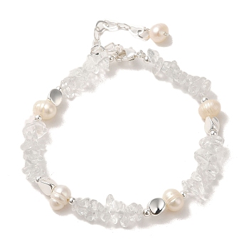 Natural Pearl & Quartz Crystal Beaded Bracelets, with Brass Clasps, 6-3/4 inch(17.2cm)
