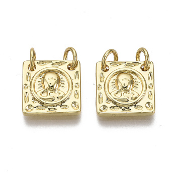 Brass Charms, with Jump Ring, Nickel Free, Square, Religion, Real 18K Gold Plated, 12x12x2mm, Hole: 3mm