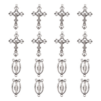 Rosary Cross and Center Sets for Rosary Bead Necklace Making, Alloy Crucifix Cross Pendants and Virgin Links, For Easter, Antique Silver, Links: 13x25x3mm, Hole: 2mm, Cross: 26x43.5x3mm, Hole: 2mm