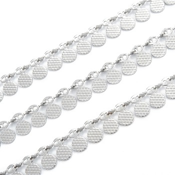 Handmade 304 Stainless Steel Wafer Charms Chains, Textured, Unwelded, with Spool, Stainless Steel Color, wafer pendant link: 7x6x0.6~2mm, 32.8 Feet(10m)/roll