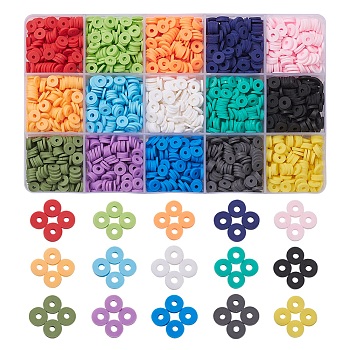105G 15 Colors Handmade Polymer Clay Beads, Disc/Flat Round, Heishi Beads, Mixed Color, 6x1mm, Hole: 2mm, 7g/color