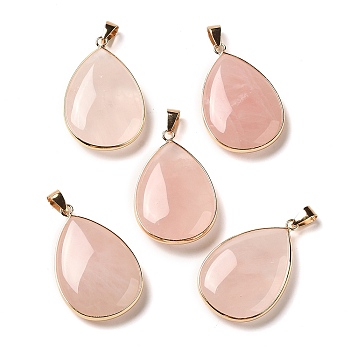 Natural Rose Quartz Pendents, Brass Teardrop Charms with Iron Snap on Bails, Light Gold, 39.5x26x8mm, Hole: 7.5x4mm