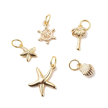 Brass Pendants, with 304 Stainless Steel Jump Rings, Shell & Starfish & Coconut Tree & Helm, Golden, 10~18.5x6.5~15.5x1~3mm, Hole: 4.6mm