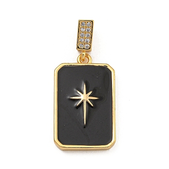 Rack Plating Brass Micro Pave Clear Cubic Zirconia North Star European Dangle Charms, Black Enamel Large Hole Pendants, Real 18K Gold Plated, Long-Lasting Plated, Rectangle, 30mm, Hole: 2.5x4.5mm