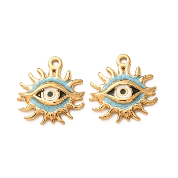 304 Stainless Steel Enamel Pendants, Evil Eye Charms, Ion Plating(IP), Real 18K Gold Plated, Light Sky Blue, 18.5x17.5x3mm, Hole: 1.4mm