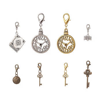 Alloy Pendant Decorations, Zinc Alloy Lobster Clasps Charm, Clip-on Charms, for Keychain, Purse, Backpack, Key & Clock & Book, Mixed Color, 30~62mm, 8pcs/set