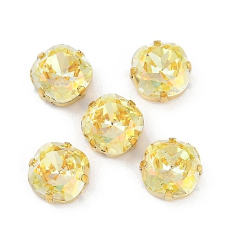 Brass Glass Rhinestone Sew on Rhinestones, Square, Faceted, Topaz Opal, Golden, 13x13x7mm, Hole: 0.8mm