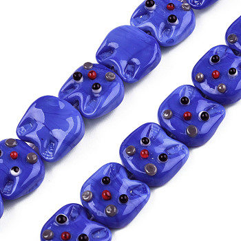 Handmade Lampwork Beads, Cat's Head, Blue, 15~16x16~16.5x7mm, Hole: 1.2mm, about 25pcs/strand, 14.37 inch(36.5cm)