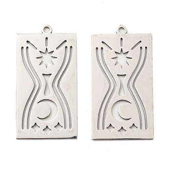 201 Stainless Steel Pendants, Laser Cut, Rectangle with Moon & Star Charm, Stainless Steel Color, 39x20x1mm, Hole: 2mm