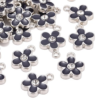 Alloy Enamel Charms, Cadmium Free & Lead Free, with Rhinestone, Platinum, Flower, Indigo, about 12mm wide, 15mm long, 2mm thick, hole: 2mm