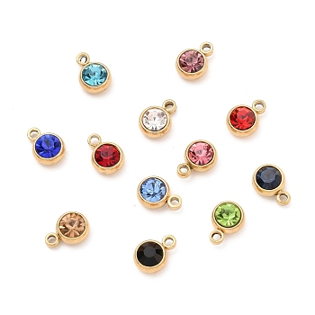 304 Stainless Steel Charms, with Acrylic Rhinestone, Birthstone Charms, Faceted, Flat Round, Golden, Mixed Color, 8.2x6x3.5mm, Hole: 1.2mm