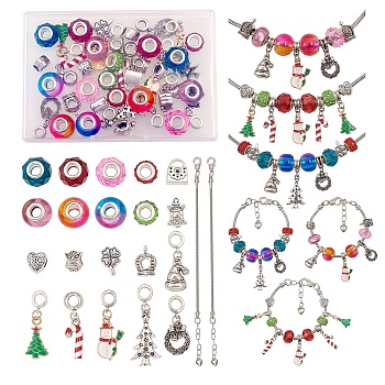 DIY Bracelet Making Kits, Including Brass European Style Bracelet Jewelry Making, Glass European Beads, Alloy European Large Hole Beads, Alloy European Dangle Charms, Mixed Color, 15x12mm, Hole: 5mm