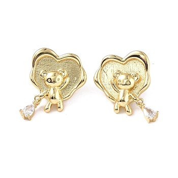 Clear Cubic Zirconia Heart with Bear Dangle Stud Earrings, Brass Jewelry for Women, Real 18K Gold Plated, 28x21.5mm, Pin: 0.8mm