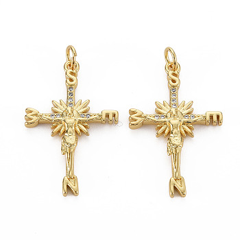 Brass Micro Pave Cubic Zirconia Pendants, with Jump Rings, Nickel Free, Cross with Alphabet, Real 16K Gold Plated, 29.5x19x3.5mm, Jump Ring: 5x1mm, 3mm inner diameter