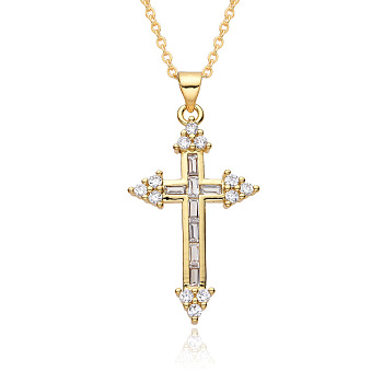 Brass Micro Pave Clear Cubic Zirconia Cross Pendant Necklaces, Golden, 19.69 inch(50cm), pendant: 29x19mm