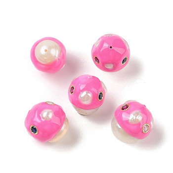 Natural Pearl with Cubic Zirconia Enamel Beads, Hand Drawn Beads, Mushroom, Hot Pink, 17~18x15~17x15~17mm, Hole: 0.5mm