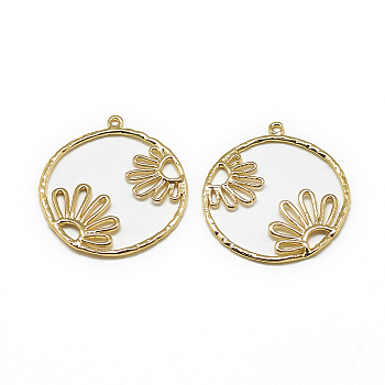Brass Pendants, Flat Round with Flower, Real 18K Gold Plated, 27.5x25x1mm, Hole: 1mm