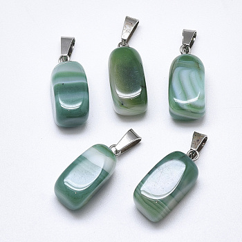 Natural Banded Agate/Striped Agate Pendants, Dyed, with Stainless Steel Snap On Bails, Cuboid, Stainless Steel Color, Green, 20~23x9~13x9~13mm, Hole: 3~4x7~8.5mm