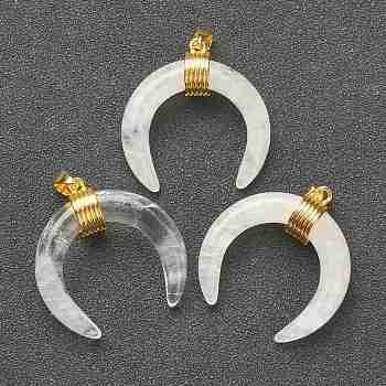 Natural Quartz Crystal Pendants, Rock Crystal Pendants, with Golden Brass Findings, Double Horn/Crescent Moon, 31~33x30x10mm, Hole: 6x4mm