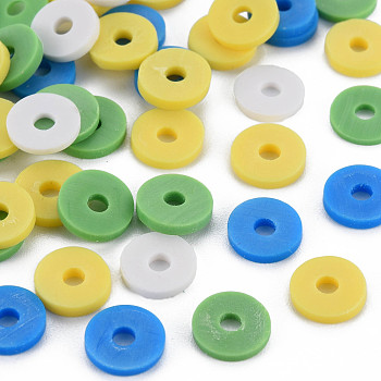 4 Colors Handmade Polymer Clay Beads, Heishi Beads, Disc/Flat Round, Dodger Blue & Dark Sea Green & Light Khaki & White, 8x0.5~1.5mm, Hole: 2mm, about 11500pcs/1000g