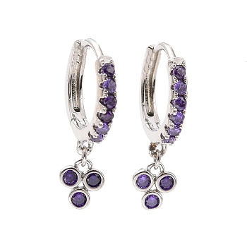 Purple Cubic Zirconia Grape Dangle Hoop Earrings, Rack Plating Brass Jewelry for Women, Cadmium Free & Lead Free, Platinum, 20.5mm, Pin: 1mm
