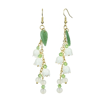 Glass Flower Dangle Earrings, Brass Chains Tassel Earrings, Green, 90~91mm