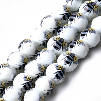 Printed & Spray Painted Glass Beads, Round with Bee Pattern, Colorful, 12~12.5x11.5mm, Hole: 1.4mm