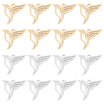 16Pcs 2 Colors 201 Stainless Steel Pendants, Bird Charms, Golden & Stainless Steel Color, 17x15.5x0.9mm, Hole: 1.4mm, 8pcs/color