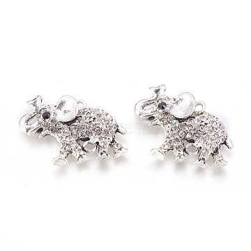 Alloy Links connectors, with Rhinestone, Elephant, Crystal, Antique Silver, 33x44.5x8mm, Hole: 3mm(PALLOY-E459-01AS)