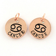 Alloy Pendants, with Rhinestone, Flat Round, with Constellation/Zodiac Sign, Rose Gold, Cancer, 22x2.5mm, Hole: 5.5mm(PALLOY-S083-08RG)