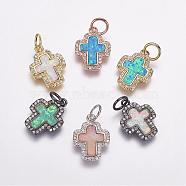 Brass Micro Pave Cubic Zirconia Pendants, with Synthetic Opal, Cross, Mixed Color, 16x12x2mm, Hole: 4mm(ZIRC-F055-04)