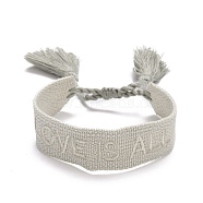 Word Love Is All Polycotton(Polyester Cotton) Braided Bracelet with Tassel Charm, Flat Adjustable Wide Wristband for Couple, Antique White, Inner Diameter: 2~3-1/8 inch(5~8cm)(BJEW-F429-05)