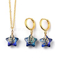 Electroplate Star Glass Jewelry Sets, Brass Cable Chains Pendant Necklaces & Hoop Earrings, with Brass Ice Pick Pinch Bails and Huggie Hoop Earring Findings, Medium Orchid, 18.31 inch(46.5cm), 31.5mm, Pin: 1mm(SJEW-JS01120-02)