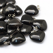 Heart Natural Black Stone Pendants, with Platinum Tone Brass Findings, 20~22x20~21x5~8mm, Hole: 2x7mm(X-G-Q438-18)