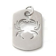 Hollow 304 Stainless Steel Pendants, with Jump Ring, Stainless Steel Color, Rectangle Charm, Crab, 31.5x21.5x1.4mm, Hole: 5.5mm(STAS-C086-04B-P)