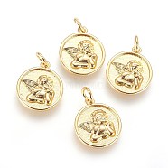 Brass Charms, with Jump Ring, Flat Round with Angel, Golden, 15x13x2mm, Hole: 3mm(X-KK-G364-08G)