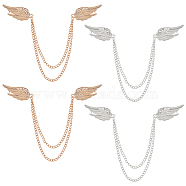 4Pcs 2 Colors Double Wing with Hanging Chain Alloy Suit Collar Brooch, Clear Glass Lapel Pin for Women, Platinum & Light Gold, 223x3mm, 2pcs/color(JEWB-FG0001-02)