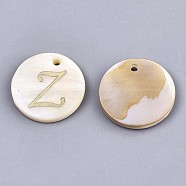 Natural Freshwater Shell Pendants, with Golden Plated Brass Etched Metal Embellishments, Flat Round with Letter, Letter.Z, 15x2mm, Hole: 1.2mm(SHEL-N027-04Z)