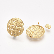 304 Stainless Steel Stud Earring Findings, with Loops and Ear Nuts/Earring Backs, Imitation Woven Rattan Pattern, Flat Round, Golden, 20mm, Hole: 4mm, Pin: 0.7mm(STAS-S079-49A)