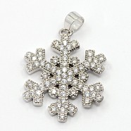 CZ Christmas Jewelry Brass Micro Pave Cubic Zirconia Snowflake Pendants, Platinum, 23x18x2mm, Hole: 3mm(ZIRC-M026-01P)